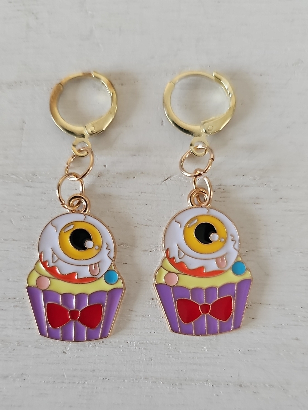 Cute Purple Cupcake Monster Drop Earrings with Gold Tone Hoops